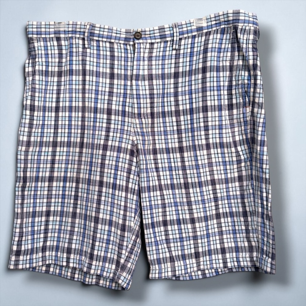 Tommy‎ Bahama Mens 40 Blue Plaid Linen Tencel Lyocell Flat Front Shorts Casual